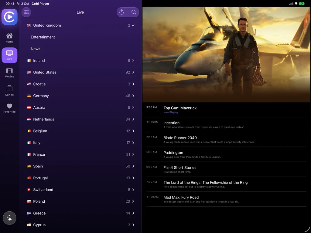 iPad: live TV sorted by country in the left column, a film playing on the right and the evening's program below it
