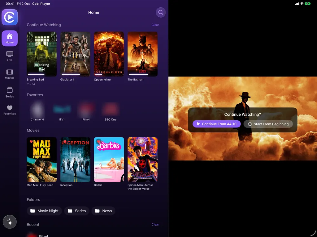 iPad: the home screen with Continue Watching, favorite channels and films, and a prompt to continue Oppenheimer where it stopped