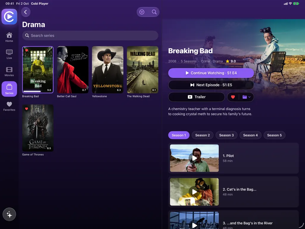 iPad: a grid of series next to the page of Breaking Bad, with its rating, seasons and episodes
