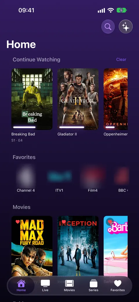 iPhone: the home screen with Continue Watching and its progress bars, favorite channels and favorite films