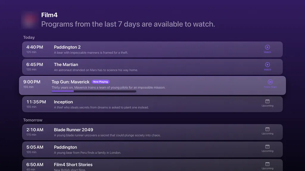 Apple TV: a channel's guide for today and tomorrow, with the program on now marked and a button to watch it from the start