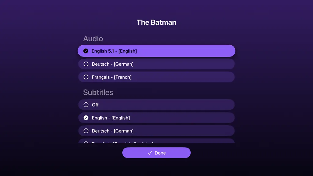Apple TV: playback options with named audio tracks and subtitles