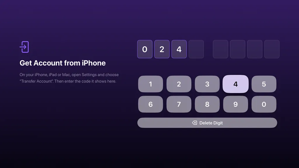 Apple TV: Get Account from iPhone, with boxes for the 8-digit code and a keypad for the remote
